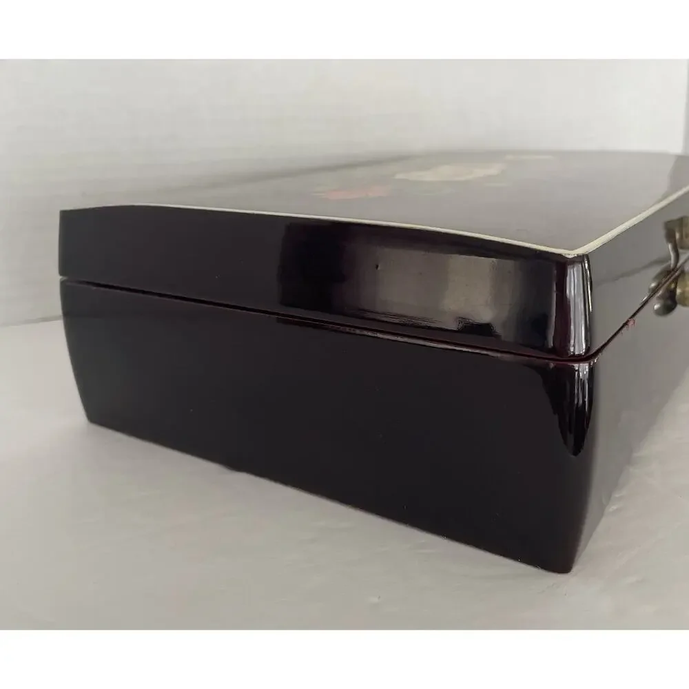 VTG Kimco Japan Wooden Jewelry Box Floral Inlay Gold Velvet Lining Mirror